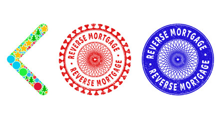 Direction left mosaic of New Year symbols, such as stars, fir trees, color round items, and REVERSE MORTGAGE corroded watermarks. Vector REVERSE MORTGAGE watermarks uses guilloche ornament,
