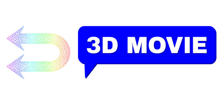 3D Movie and double left arrow vector. Rainbow colored mesh double left arrow, and conversation 3D Movie bubble frame. Conversation colored 3D Movie bubble has shadow.