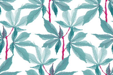 Vector seamless pattern. Tropical floral background. Turquoise leaves on red stems isolated on a white background.