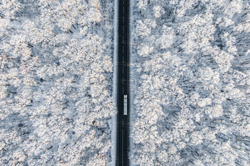 white truck driving on asphalt road through the frozen winter forest. seen from the air. Aerial view landscape. drone photography.  cargo delivery