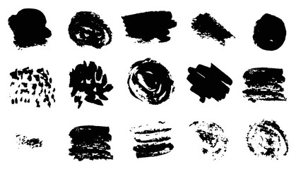 Collection of abstract expressive textured black ink or watercolor round and square brush strokes. Dynamic isolated inky blobs, dark concept for textured brushes design, stamp, banner