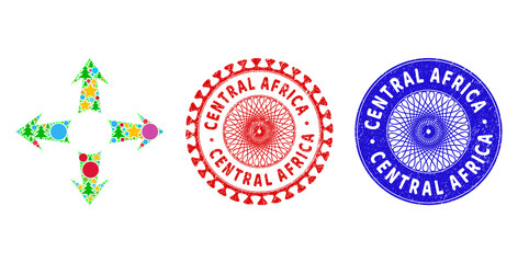Expand arrows collage of New Year symbols, such as stars, fir trees, colored balls, and CENTRAL AFRICA scratched stamp prints. Vector CENTRAL AFRICA imprints uses guilloche ornament,