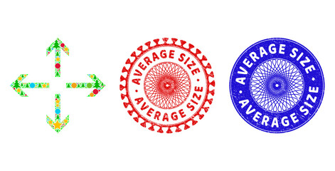 Expand arrows collage of New Year symbols, such as stars, fir-trees, colored balls, and AVERAGE SIZE rough stamp seals. Vector AVERAGE SIZE stamp seals uses guilloche pattern,