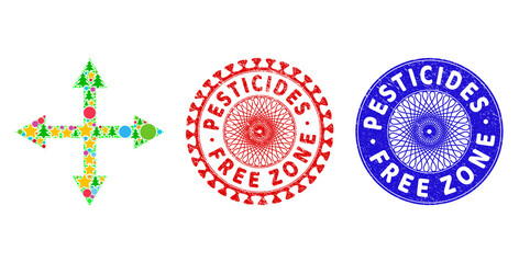 Expand arrows collage of Christmas symbols, such as stars, fir trees, multicolored round items, and PESTICIDES FREE ZONE rough stamp imitations.