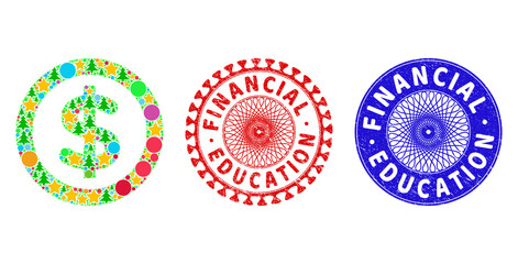 Finance collage of New Year symbols, such as stars, fir-trees, colored balls, and FINANCIAL EDUCATION corroded stamp seals. Vector FINANCIAL EDUCATION stamps uses guilloche pattern,