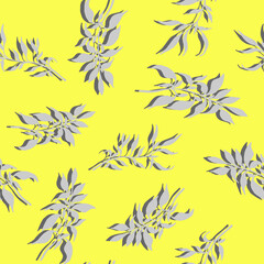 Fototapeta premium Grey leaves on yellow background. Vector illustration. Seamless pattern.