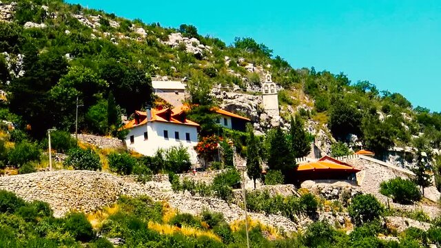 A view to the medieval Serbian monastery Zavala located in karst area in Herzegovina.