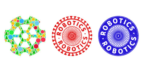 Gear composition of Christmas symbols, such as stars, fir trees, bright round items, and ROBOTICS scratched stamp prints. Vector ROBOTICS watermarks uses guilloche ornament,