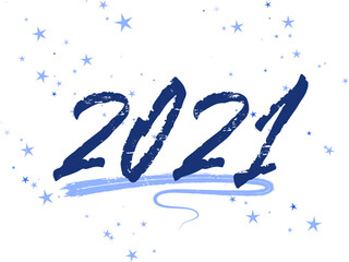 2021 New Year calligraphy holiday banner festive design with blue star sparkles.