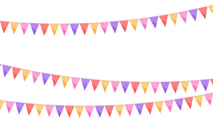 Red purple orange paper bunting party flags isolated on white background.