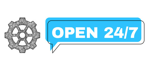 Chat Open 24/7 blue cloud frame and wire frame gear. Frame and colored area are misplaced for Open 24/7 text, which is located inside blue colored banner. Vector quote caption inside chat frame.