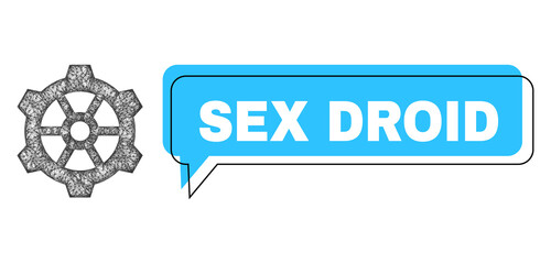 Speech Sex Droid blue bubble frame and net gear. Frame and colored area are misplaced for Sex Droid caption, which is located inside blue colored speech balloon. Vector quote label inside chat frame.