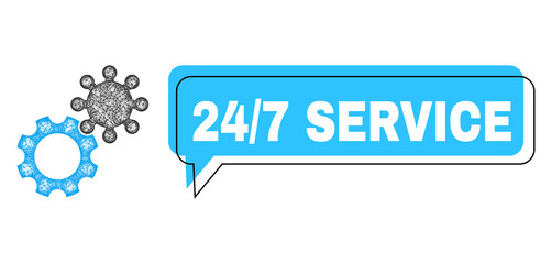 Chat 24/7 Service blue bubble message and wire frame gears. Frame and colored area are misplaced to 24/7 Service text, which is located inside blue colored bubble.
