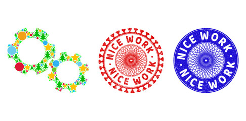 Gears mosaic of Christmas symbols, such as stars, fir-trees, bright balls, and NICE WORK unclean stamp seals. Vector NICE WORK seals uses guilloche pattern, designed in red and blue versions. Stars,