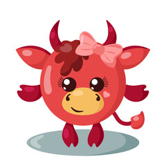 Funny cute kawaii cow with round body, hair bow and heart in flat design with shadows. Isolated vector illustration	