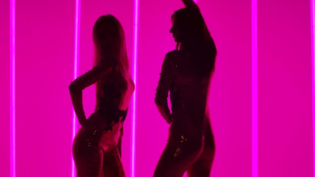 Silhouettes of two erotically dancing girls in sparkling costumes. Girls in a dark studio on a background of multi-colored neon pipes are dancing gracefully, bending over in slow motion. Close up.
