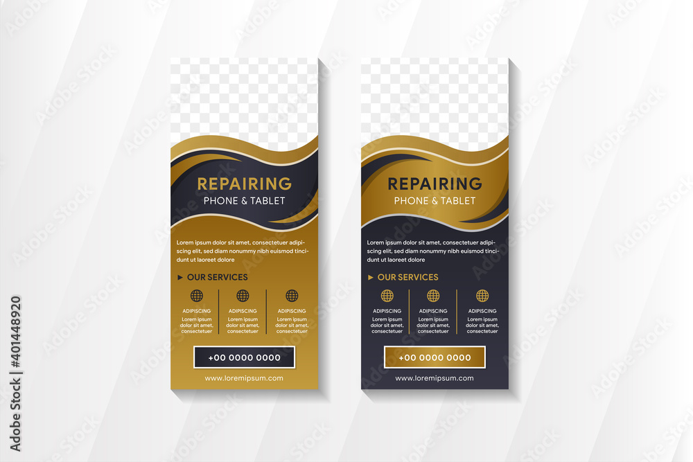 Sticker set of abstract vertical banner template design with example of headline is repairing phone and tabl