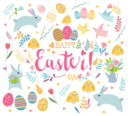Easter greeting card with collection of Easter design elements: rabbit, flowers, chiks, birds, eggs
