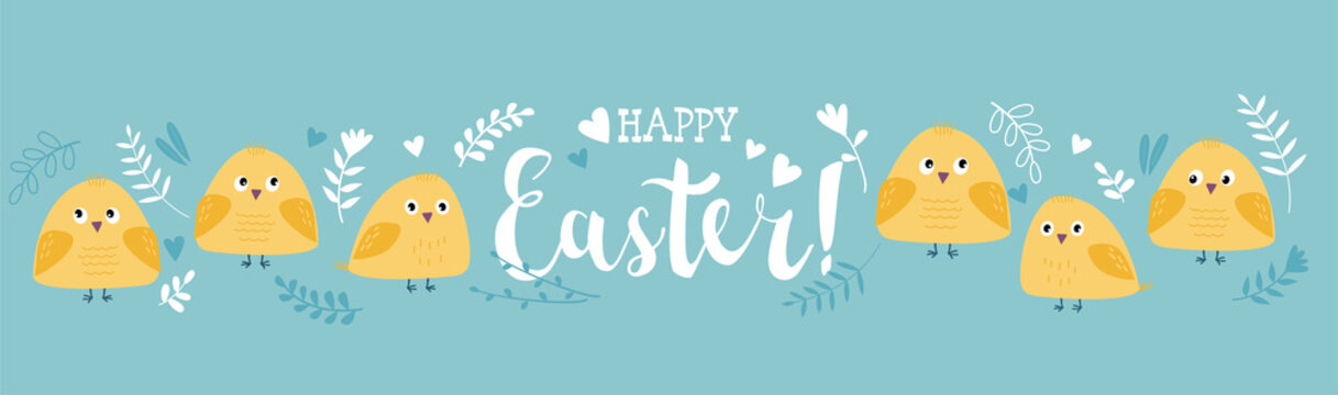 Easter greeting card with funny chiks in cartoon style and caligraphy