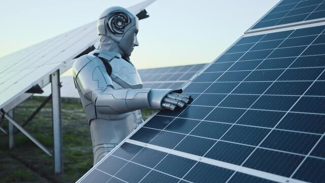 Artificial intelligence humanoid prototype cyborg checking solar battery cleanliness while touching with hand managing technology. Artificial intelligence. futuristic development, solar field concept