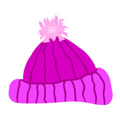 Winter knitted violet hat with a pink pompon