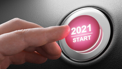 2021 - Press the start button. Concept of the New Year. 3D illustration