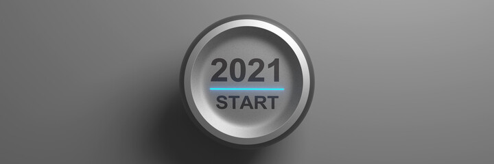 2021 - Press the start button. Concept of the New Year. 3D illustration