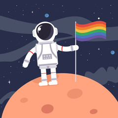 Astronaut holding LGBT flag on moon and milk way galaxy with stars and planets in the background. Copy space for design or text. Flat style design vector