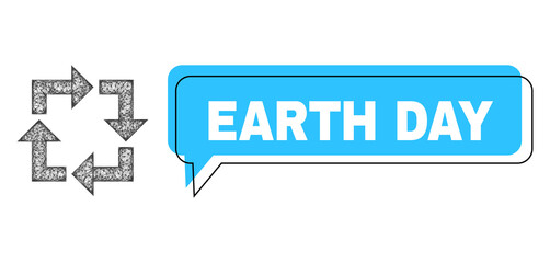 Chat Earth Day blue bubble frame and wire frame recycle. Frame and colored area are misplaced to Earth Day text, which is located inside blue banner. Vector quote tag inside forum frame.