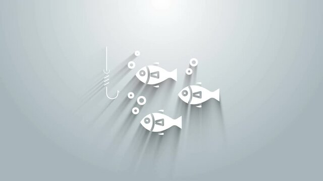 White Fishing hook under water with fish icon isolated on grey background. Fishing tackle. 4K Video motion graphic animation