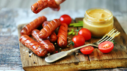 Selective focus. Appetizing fried sausages with mustard. German sausages. Snack for beer.