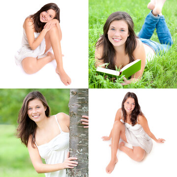 Four fashion portraits of a beautiful young woman wearing casual clothes, two studio and two outdoor photos