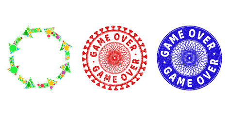 Rotate ccw mosaic of Christmas symbols, such as stars, fir trees, colored balls, and GAME OVER grunge watermarks. Vector GAME OVER seals uses guilloche pattern, designed in red and blue versions.
