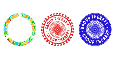 Fototapeta premium Rotation mosaic of New Year symbols, such as stars, fir-trees, colored round items, and GROUP THERAPY rubber stamp imitations. Vector GROUP THERAPY stamp seals uses guilloche pattern,