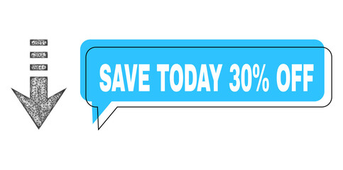 Conversation Save Today 30% Off blue cloud frame and wire frame send down. Frame and colored area are misplaced for Save Today 30% Off caption, which is located inside blue banner.