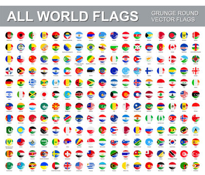 All world flags - vector set of flat round grunge icons.