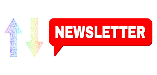 Newsletter and vertical flip arrows vector. Spectrum colored mesh vertical flip arrows, and conversation Newsletter cloud frame. Conversation colored Newsletter bubble has shadow.