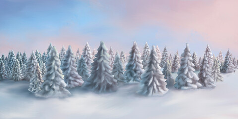 Watercolor illustration of a winter forest on a frosty morning. Landscape in pink and blue shades.