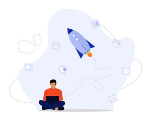 Vector Illustration, Start Up Idea Concept, Showing working space building rocket like startup company, 
Suitable for landing page, ui, web, App intro card, editorial, flyer,and banner