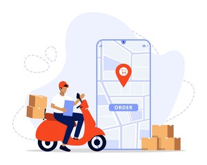 Vector Illustration, Online Delivery Service Concept, 
Showing a delivery man sending package to customer, Suitable for landing page, 
UI, web, App intro card, editorial, flyer,and banner
