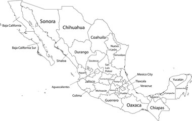 White vector map of  United Mexican States with black borders and names of it's states