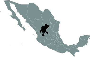 Black location map of Mexican Zacatecas state inside gray map of Mexico
