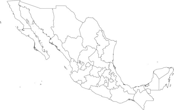 White vector map of  United Mexican States with black borders of it's states