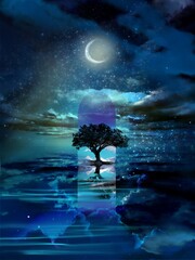 The silhouette of a tree towering in the middle of a mysterious landscape where the beautiful night sky is reflected on the surface of the sea	