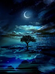 Obraz premium The silhouette of a tree towering in the middle of a mysterious landscape where the beautiful night sky is reflected on the surface of the sea