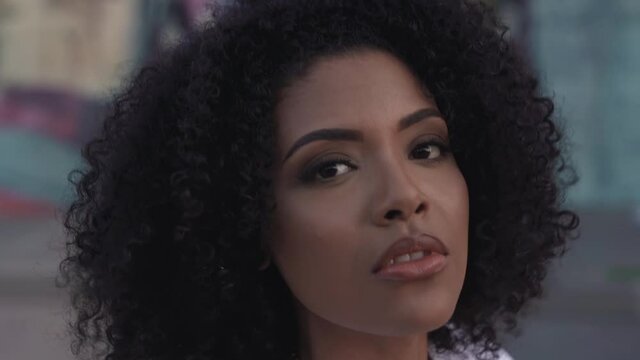 Beautiful Black Afro Brazilian Woman Walking And Making Eye Contact, Close Up