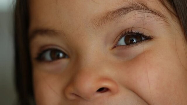 Joyful little girl feeling happy, eyes macro close-up joy emotion to good news