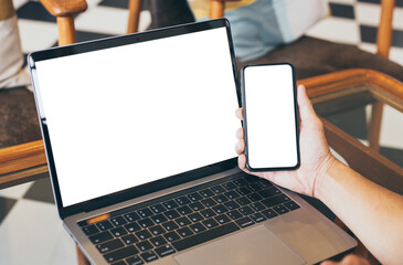 computer screen,cell phone blank mockup.hand woman work using laptop texting mobile.with white background for advertising,contact business search information on desk in cafe.marketing,design