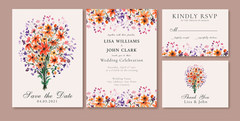 Watercolor Floral Bouquet with Orange and Purple Blossoms Wedding Invitation Card RSVP