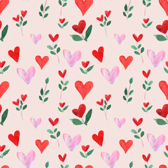 Watercolor Seamless Pattern of red hearts for valentine day